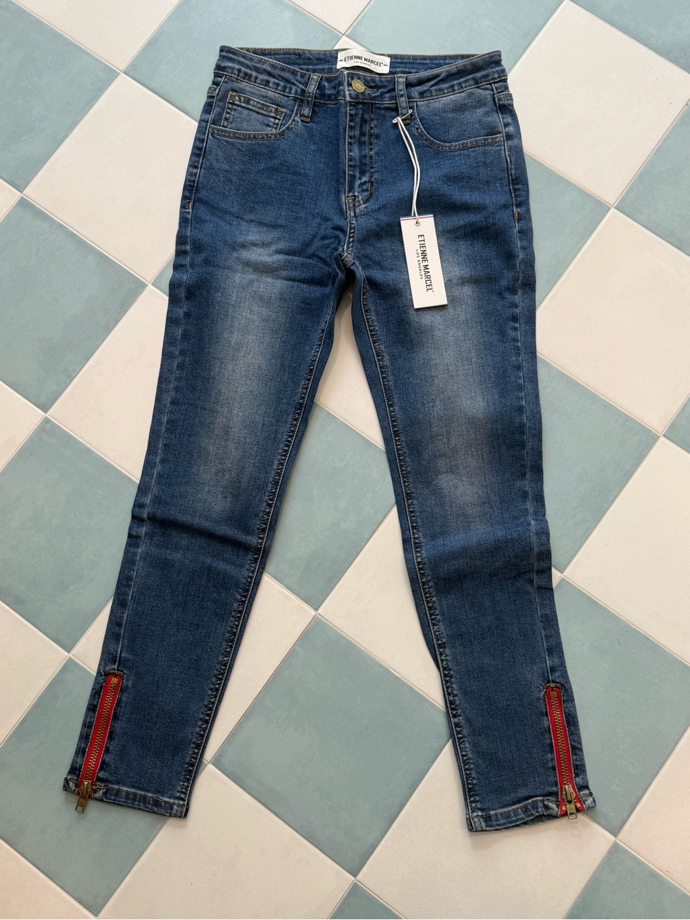 Etienne Marcel Dark Blue Skinny Jeans with Red Hem Zips